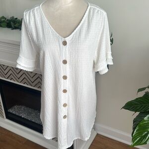 I.N. Studio White Ruffle Sleeve Button Down Shirt